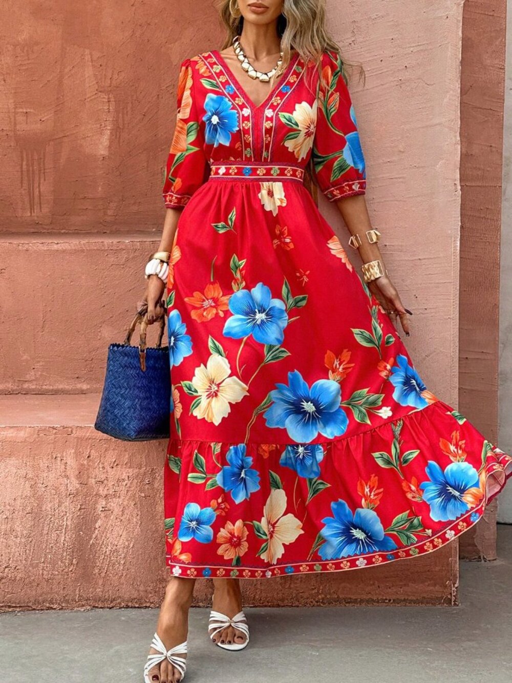 Red Boho Women's Elegant Casual V-Neck A-Line Dress - Picture 4 of 6